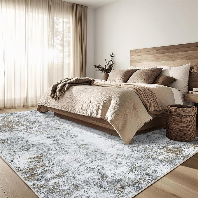 5x7 Area Rug Living Room Rugs - Washable Rug Large Modern Abstract Soft Thin Carpets Indoor Floor No Slip Vintage Carpet for Bedroom Under Dining Table Nursery Home Office Decor Gray Brown