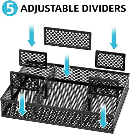 Marbrasse 2 Pack Desk Drawer Organizer, Mesh Drawer Organizer Tray with 8 Adjustable Compartments, Desk Organizers and Accessories, 5 Dividers Drawer for Office Supplies, Makeup & Vanity (Black-2P)