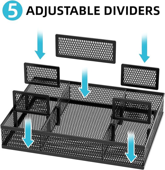 Marbrasse 2 Pack Desk Drawer Organizer, Mesh Drawer Organizer Tray with 8 Adjustable Compartments, Desk Organizers and Accessories, 5 Dividers Drawer for Office Supplies, Makeup & Vanity (Black-2P)