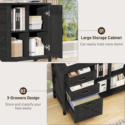Vabches Lateral File Cabinet, Farmhouse 3 Drawer File Cabinet with Open Storage Shelf for Letter/Legal/A4 Size Hanging Files, Large Wood Storage Cabinets Printer Stand for Home Office, Black