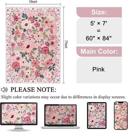 DUKINO 5x7 Area Rug, Nursery Floral Rugs for Living Room, Lightweight Non Slip Washable Rug, Indoor Low Pile & Non-Shedding Boho Design Rugs for Girls Bedroom, Kids Playroom, Dining Room, Pink
