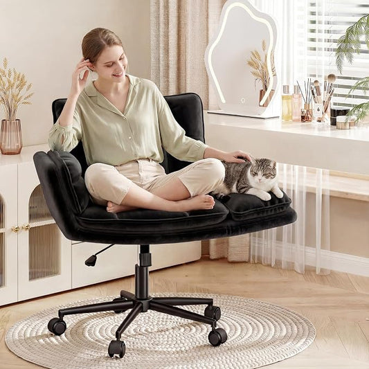 DurayLoly Criss Cross Chair with Wheels, Fluffy Vanity Chair with 5-Gear Flip Armrests, Cross Legged Swivel Seat for Bedroom, Makeup Vanity, Home Office, Dorm, Black
