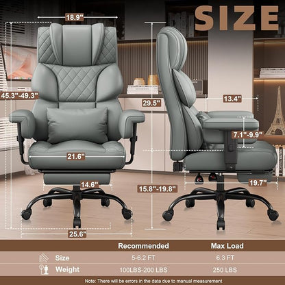 Vonesse Big and Tall Office Chair, Desk Chair with Soft Adjustable Armrests, Ergonomic High Back Gaming Chair with Lumbar Support, Executive Computer Chairs with Footrest (PU Leather, Gray)