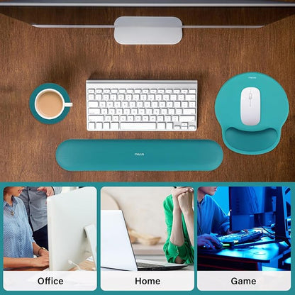 MOSISO Wrist Rest Support for Mouse Pad&Keyboard Set, Circle Curved Ergonomic Mousepad&Coaster Non-Slip Base Home/Office Pain Relief&Easy Typing Pad with Soft Cloth&Silicone Lining, Teal Green