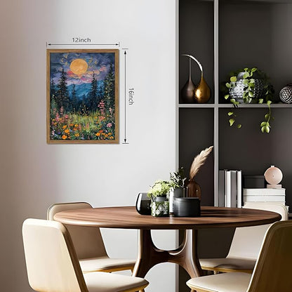 Framed Nature Forest Canvas Wall Art, Full Moon above Wildflowers and Woodland Painting, Midnight Floral Trees Art Print, Farmhouse Nature Wall Decor for Bedroom Living Room 12x16 inch