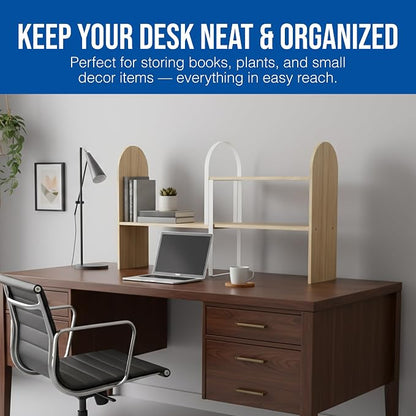 Maplefield Desk Hutch Expandable Shelf Organizer, Natural Finish, Engineered Wood Desktop Storage Rack for Office, Dorm, or Home – Adjustable Over Desk Bookshelf for Supplies, Decor & Accessories