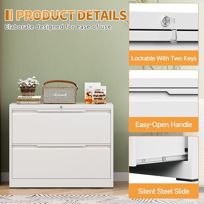 2-Drawer Metal File Cabinet with Lock,Steel Printer Stand with Storage for Home Office,Lateral Filing Cabinet for Legal/Letter/A4 Files,Assembly Required(35.43''W-2 Drawers,White)