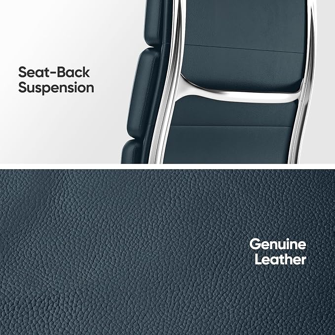 Genuine Leather Office Chair, Padded Executive Desk Chair with Arms, Wheels, Lumbar Support, Aluminum Base (Dark Blue, High-Back)
