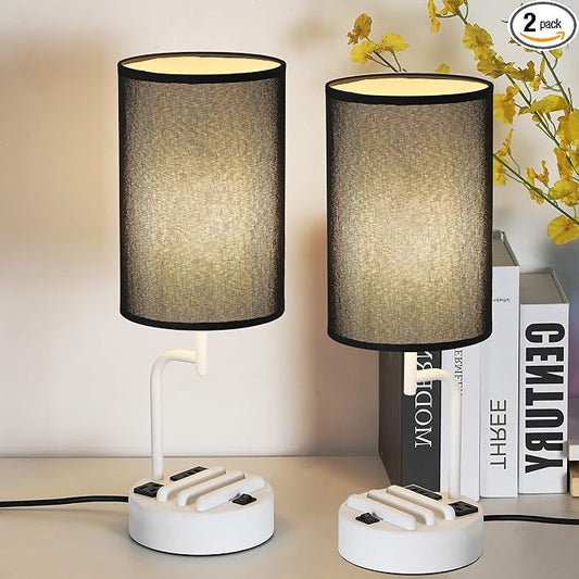 Dreamholder Table Lamp with 3 USB Charging Ports, Modern Desk Lamp with AC Outlet and Phone Stands, Perfect Bedside Lamp for Bedroom, Living Room, Office (Pack of 2), White&Black