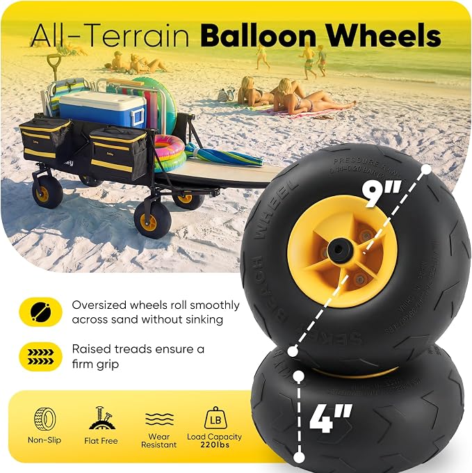Sekey Heavy Duty Beach Wagon with 9" Big Sand-Proof Wheels, 300L Oversized Foldable Beach Cart with Cooler| Adjustable Handle & Balloon Tires for Sand, Camping,Vacation
