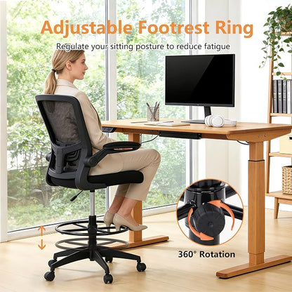 BestOffice Drafting Chair Tall Office Chair Adjustable Height with Lumbar Support Flip Up Arms Footrest Mid Back Task Mesh Desk Chair Computer Chair Drafting Stool for Standing Desk