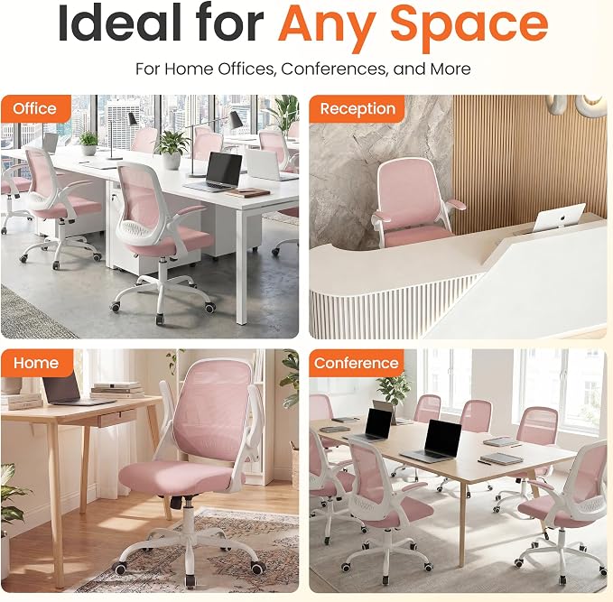 NEO CHAIR Office Chair Computer Desk Chair Ergonomic Gaming Comfy Mesh with Flip-up Arms Lumbar Support Adjustable Height Rolling Wheels for Home Office (Pink)