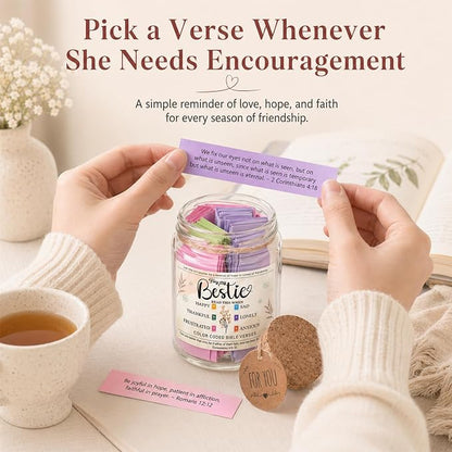 Bestie Bible Verses Jar – Birthday Gifts for Friends, Graduation Gifts for Bestie, Color Coded Bible Verses, Faith Based Friendship Gift for Women