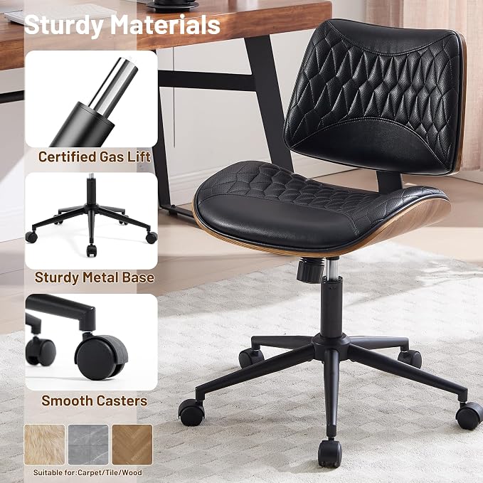 Walnut Bentwood Mid Back Armless Office Chair 1 Pack, Adjustable Height PU Leather Swivel Desk Chair with Wheels, Rolling Computer Task Chair for Home Office, Study, Meeting Room
