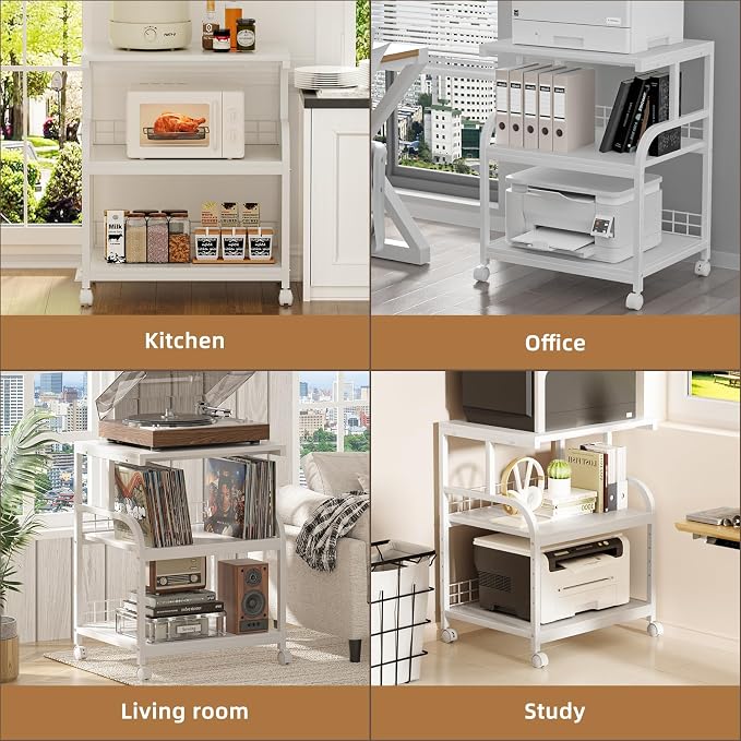Lerliuo Large Printer Stand with Storage, 23.6"W x 18.9"D x 30.2"H, 5-Adjustable Shelf Heights Mobile 3 Tier Table with Lockable Wheels, Industrial Rolling Printer Cart, White Stands for Home Office