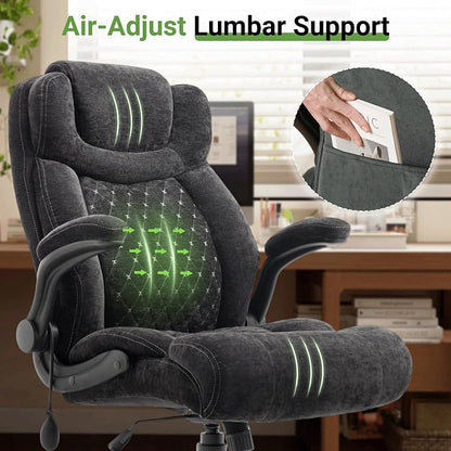 Office Chair, Big and Tall Executive Chairs with Lumbar Support for Back Pain,Breathable Desk Computer Chair with Adjustable Flip-up Armrests,Wide Cushion Swivel Home Office Chair Fabric black