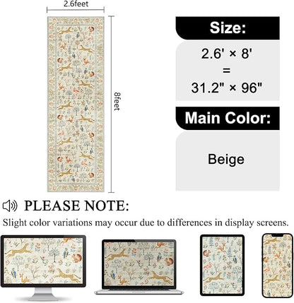 DUKINO 2.6x8 Rug for Hallway, Washable Kitchen Runner Rug with Non Slip Backing, Soft Low Pile Vintage Animal Runner for Bedroom, Kitchen, Hallway, Entryway, Laundry, Beige