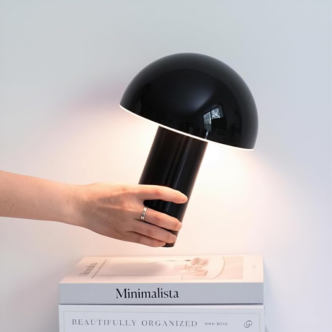Brightech Celia Small Lamp – 10" Touch-Controlled Mushroom Table Lamp, Cordless & Dimmable LED, Portable Rechargeable Bedside Night Light, Sustainable Recycled Modern Patio Lamp for Home Décor – Black