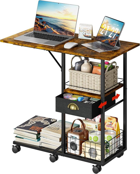 Rolling Coffee Table with Oversized Double-Wide Wood Top, Mobile Tv Tray with Storage Drawer and Wheels for Sofa, Portable Side Table for Living Room, Home Office, Spacious Desk for Working Studying