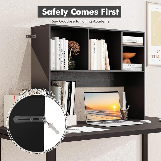 LDAILY Desktop Bookshelf, 2-Tier Office Desk Shelf Organizer Desk Hutch with 4 Shelves, 37’’L Wood Storage Rack Display Shelf for Computer Desk, Office, College Dorm, Bedroom (Black)