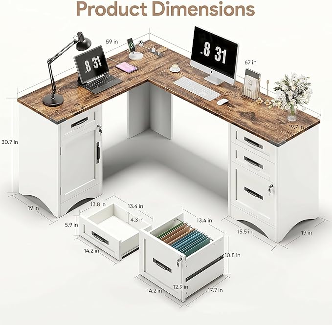 Decofy 67" Farmhouse L Shaped Standing Desk with Drawers Home Office Executive Desks with Fast Charging Station, Lockable File Cabinet, Wood Writing Computer Desk for Work, Study, White