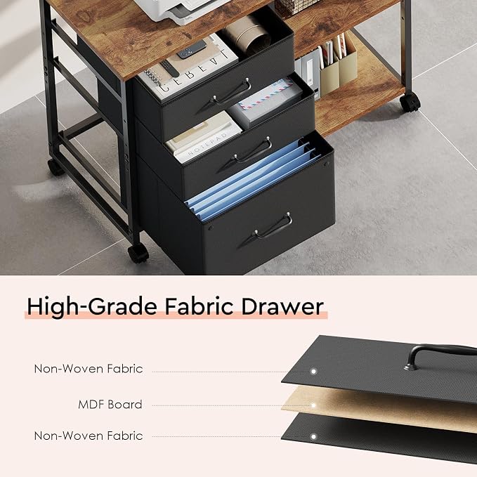 Maihail 3 Drawer File Cabinet with Wheels Rolling Printer Stand with Open Storage Shelf Fabric Lateral Filing Cabinet for Home Office,Rustic Brown