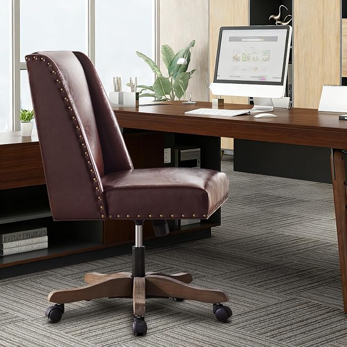 Zihanhome Armless Home Office Chair with Wooden Legs, Modern Leather Upholstered Office Desk Chair No Arms Sewing Chair Adjustable Swivel Desk Chair for Farmhouse Office Study Studio, Reddish