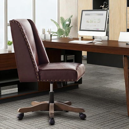 Zihanhome Armless Home Office Chair with Wooden Legs, Modern Leather Upholstered Office Desk Chair No Arms Sewing Chair Adjustable Swivel Desk Chair for Farmhouse Office Study Studio, Reddish