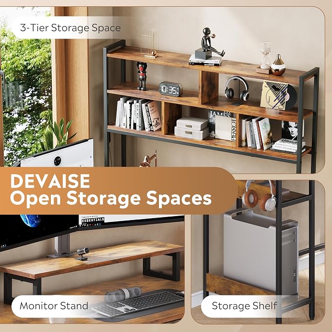 DEVAISE 60 Inch L Shaped Gaming Desk with Drawers and Storage, Corner Desk with LED Lights, Power Outlets, Computer Desk with Monitor Stand, Office Desk for Home, with Hutch, Rustic Brown