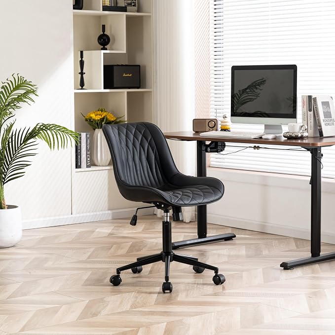 YOUNIKE Black Faux Leather Office Chair Armless Comfy Desk Chair with Rocking Back Cute Swivel Vanity Chair with Wheels Height Adjustable Small Computer Task Chair for Sewing Drafting Ergonomic