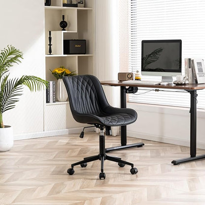 YOUNIKE Black Faux Leather Office Chair Armless Comfy Desk Chair with Rocking Back Cute Swivel Vanity Chair with Wheels Height Adjustable Small Computer Task Chair for Sewing Drafting Ergonomic