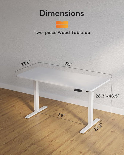 DESINO Standing Desk, 55 × 24 Inches Electric Height Adjustable, Sit and Stand Up, Computer Office Desk with Splice Board, White Frame/White TOP