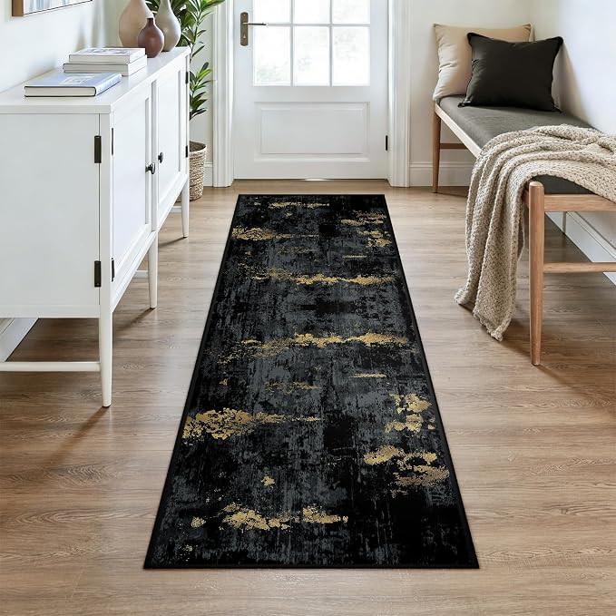 RELEANY Washable Area Rugs 3x7 Non-Slip Modern Abstract Soft for Living Room Entryway Bedroom Kitchen, Print Pattern, Dark Black Gold