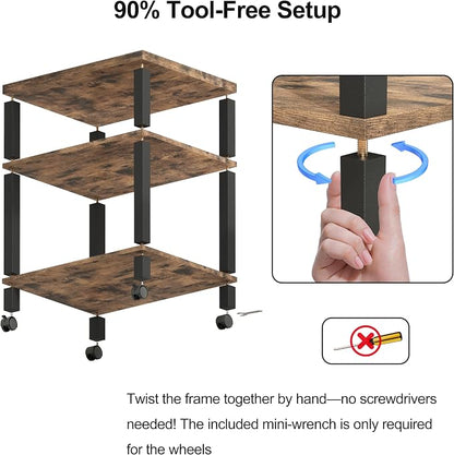 3-Tier Printer Stand with Wheels, Large Under Desk Rolling Cart for Office Storage, Heavy Duty Machine Stand with Adjustable Shelf, 22.04"x17.71"x26.54", Rustic Brown