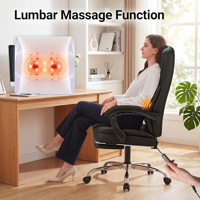 Furmax Massage Office Chair with Foot Rest Executive Big and Tall Office Chair Ergonomic Home Office Desk Chairs, Reclining High Back Leather Chair with Lumbar Support, 400LBS (Black)