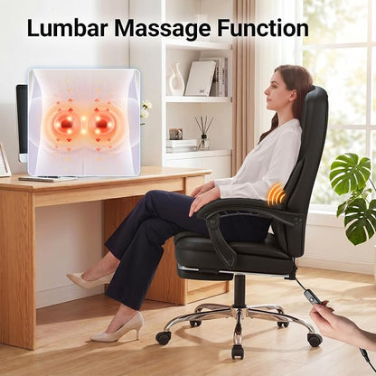 Furmax Massage Office Chair with Foot Rest Executive Big and Tall Office Chair Ergonomic Home Office Desk Chairs, Reclining High Back Leather Chair with Lumbar Support, 400LBS (Black)