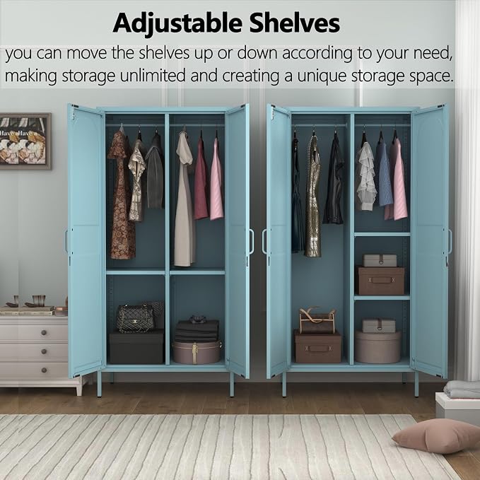 67" Metal Wardrobe Cabinet with Lock,Multi-Functional Locker with Adjustable Shelves and Hanging Rod,2 Door Storage Cabinet for Home, Bedroom,Cloak Room, Office Blue