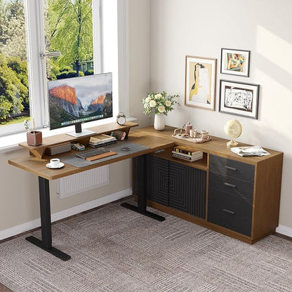 ONBRILL 63" Electric Standing Desk with 55" File Cabinet, Adjustable Height Home Office Furniture Set with Monitor Stand and 3 Drawers, Executive Workstationfor Home Office, Oak Brown