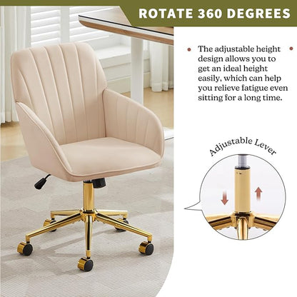 Velvet Home Office Desk Chair, Modern Cute Computer Task Chair with Back, Height Adjustable Upholstered Vanity Chair with Swivel Wheels for Women, Girls (Gold Base, Oatmeal
