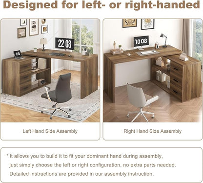 HSH L Shaped Office Desk with Drawers Shelves 55-76 Inch, Corner Computer Desk with Storage 360 Rotating Long for Work, Executive, Study, Writing, Teacher, Bedroom Modern Gaming Table Farmhouse