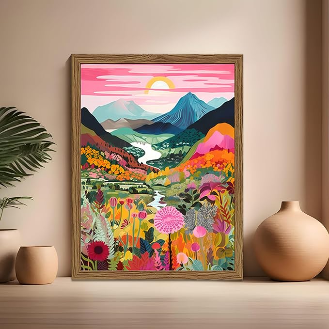 Boho Colorful Mountain Wall Art Set of 3, Abstract Watercolor Landscape Flower Wall Decor Paintings, Modern Nature Sunset Forest Posters Prints for Living Room, Bedroom 12x16 Inch Wood Framed