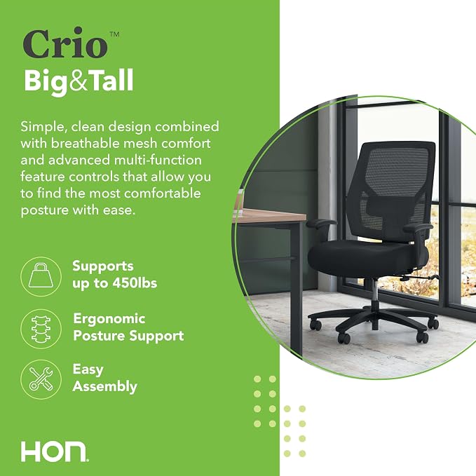 HON Crio Big and Tall Ergonomic Mesh Office Chair, Extra‑Wide High‑Back Desk Chair with Adjustable Arms, Lumbar Support, Heavy‑Duty Tilt Recline, Swivel Wheels, Black Frame, Black