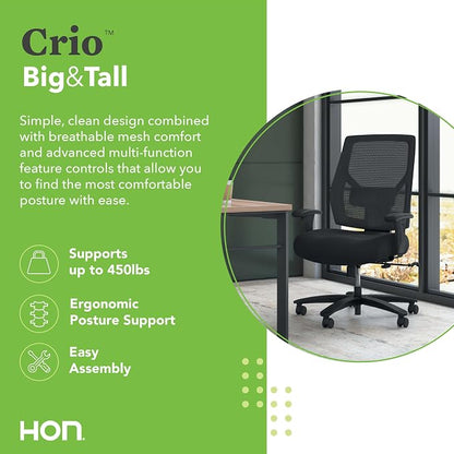 HON Crio Big and Tall Ergonomic Mesh Office Chair, Extra‑Wide High‑Back Desk Chair with Adjustable Arms, Lumbar Support, Heavy‑Duty Tilt Recline, Swivel Wheels, Black Frame, Black