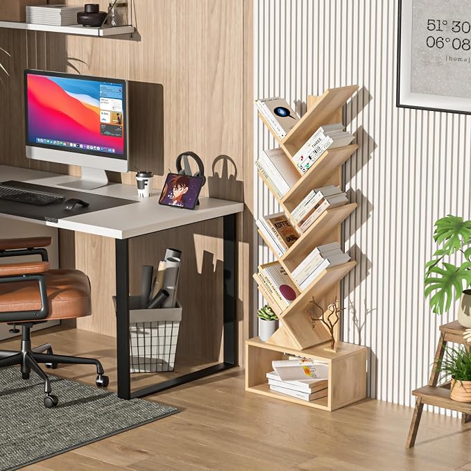 SHEEPAM 9 Tier Tree Bookshelf,Christmas Green Bookcase for Narrow Space, Storage Organizer Floor Standing Bookshelves for Books, Tall Book Case for Home Office, Living Room, Bedroom