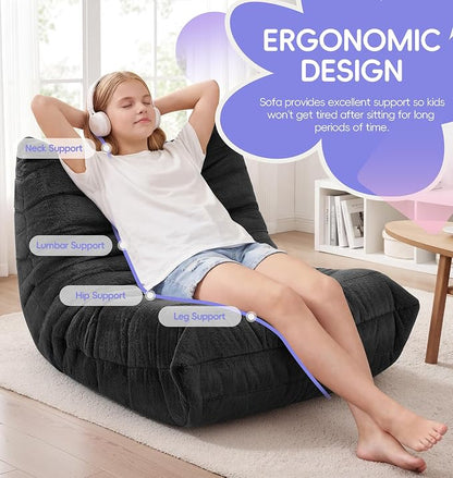 Hobestluk Medium Bean Bag Chair Faux Fur Fabric BeanBag Couch for Playroom | Black Plush,Ergonomic Design,Memory Foam,Strong Supportive,No Assembly Required,Decorative Style for Living Room Bedroom