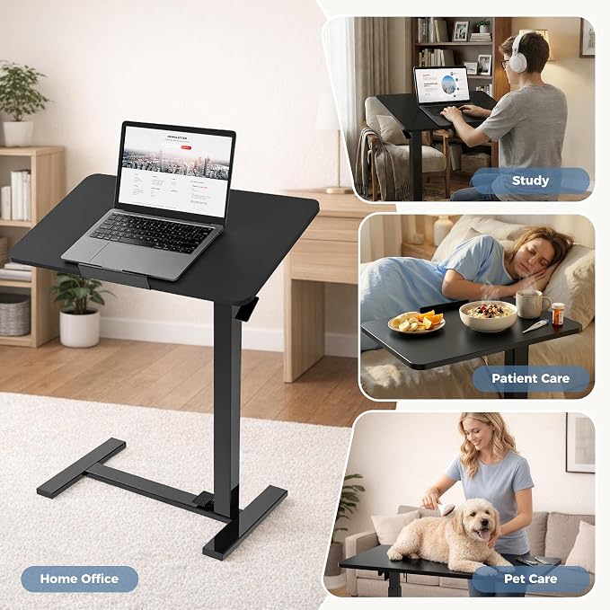 DUMOS Standing Desk on Wheels Height Adjustable Computer Cart with Pneumatic Lift, Rolling Table, Portable Workstation for Bed, Sofa, Hospital or Office Black