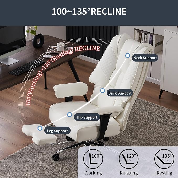 EXCEBET Big and Tall Office Chair 400lbs Wide Seat, Leather High Back Executive Office Chairs with Foot Rest, Ergonomic Lumbar Support for Lower Back Pain Relief (White)