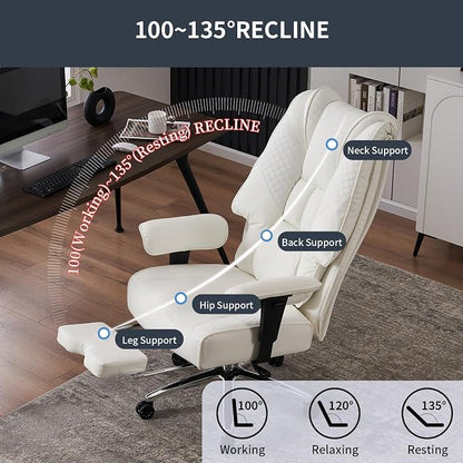 EXCEBET Big and Tall Office Chair 400lbs Wide Seat, Leather High Back Executive Office Chairs with Foot Rest, Ergonomic Lumbar Support for Lower Back Pain Relief (White)