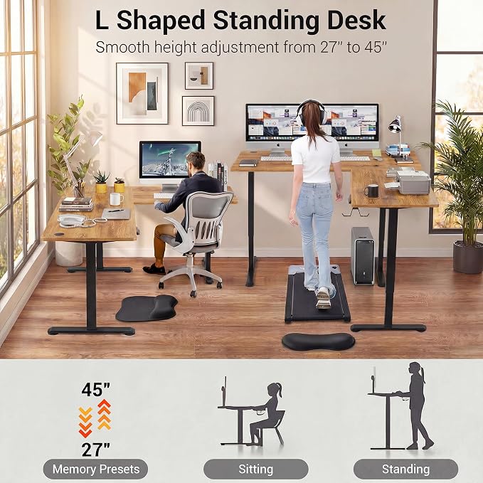 63” L Shaped Standing Desk,Electric Height Adjustable Corner Stand Up Desk, Ergonomic Sit Stand Home Office Computer Desk with Splice Board (Brown)