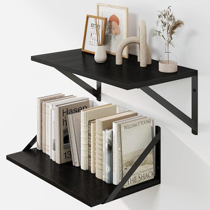 Heimlove Black Deep Floating Shelves for Wall, 16W x 8D Wood Wall Shelves Set of 2, Wide Floating Bookshelf for Living Room, Kitchen, Office, Bedroom and Decor Storage, with Metal Bracket - Black